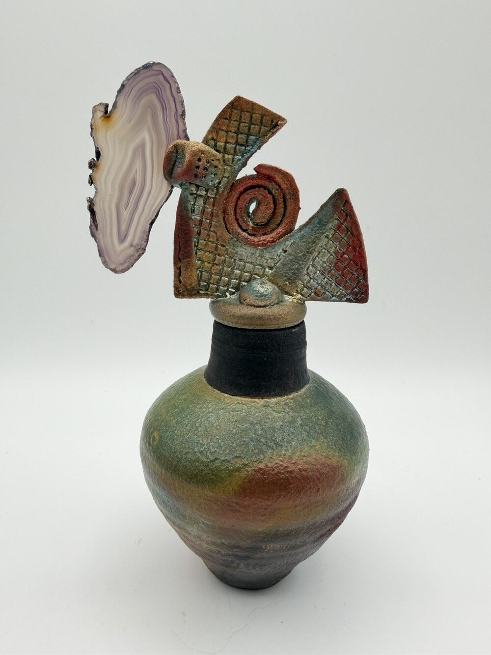 Helene Fielder Raku Pottery Art Vessel w Purple Geode Accent Stopper 7” Signed
